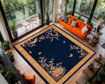 Japanese Crane Rug, Navy Blue Floral Area Rug, Sakura Blossom Rug, Chinoiserie Rug, Oriental Print Rug, Japandi Home Decor