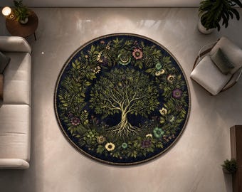 May include: A circular area rug featuring a central tree with exposed roots, surrounded by a dense, ornate border of various green leaves, colorful flowers, and a small crescent moon, all set against a deep navy blue background with a thin gold edge.