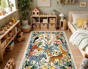 Safari Animal Area Rug, Colorful Jungle Nursery Carpet, Kids Botanical Tropical Decor