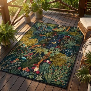 May include: A rectangular area rug featuring a dark background with a dense, colorful botanical pattern of various green plants, cacti, and flowers, accented by a central yellow crescent moon and scattered stars across the dark foliage.