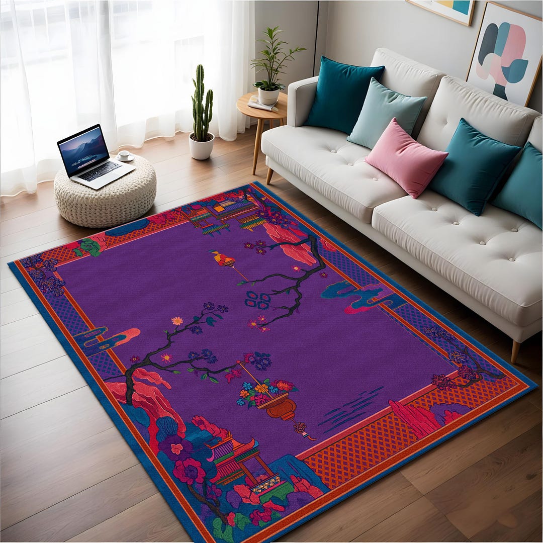 アート・デザイン・音楽 Oriental Carpet Design Purple Chinoiserie Rug: Oriental Asian Style Floor Art - Etsy