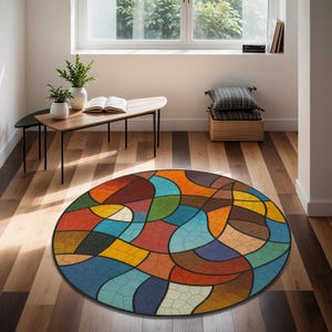 Colorful Round Rug, Round Rug,Abstract Design Rug,Circle Rug,Geometric Modern Rug,Contemporary Decor Rug, Living Room Rug, Printed Round Rug