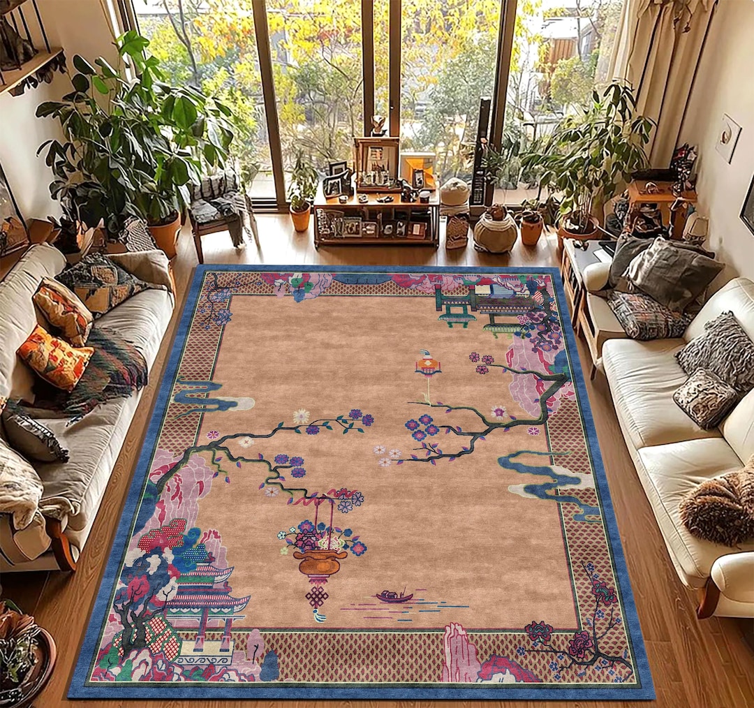 Chinese Art Deco Style Rug, Antique Look, Washable Non-slip