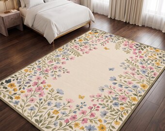 Vintage Floral Area Rug: Boho Botanical Washable Carpet, Bamboo Rug, Soft Rug, Washable Rug, Chinese Rug