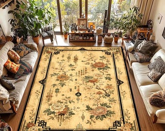 Vintage Chinese Art Deco Rug, Antique Floral Area Rug, Beige Oriental Carpet, Peony Flower Decor, Custom Printed Rug