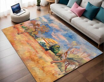 May include: A rectangular area rug with a colorful, abstract painting of a landscape with trees, a house, and a blue sky. The rug has a faded, vintage look.