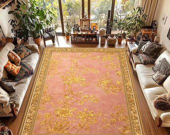 Vintage Pink Floral Area Rug, Boho Cottagecore Living Room Carpet