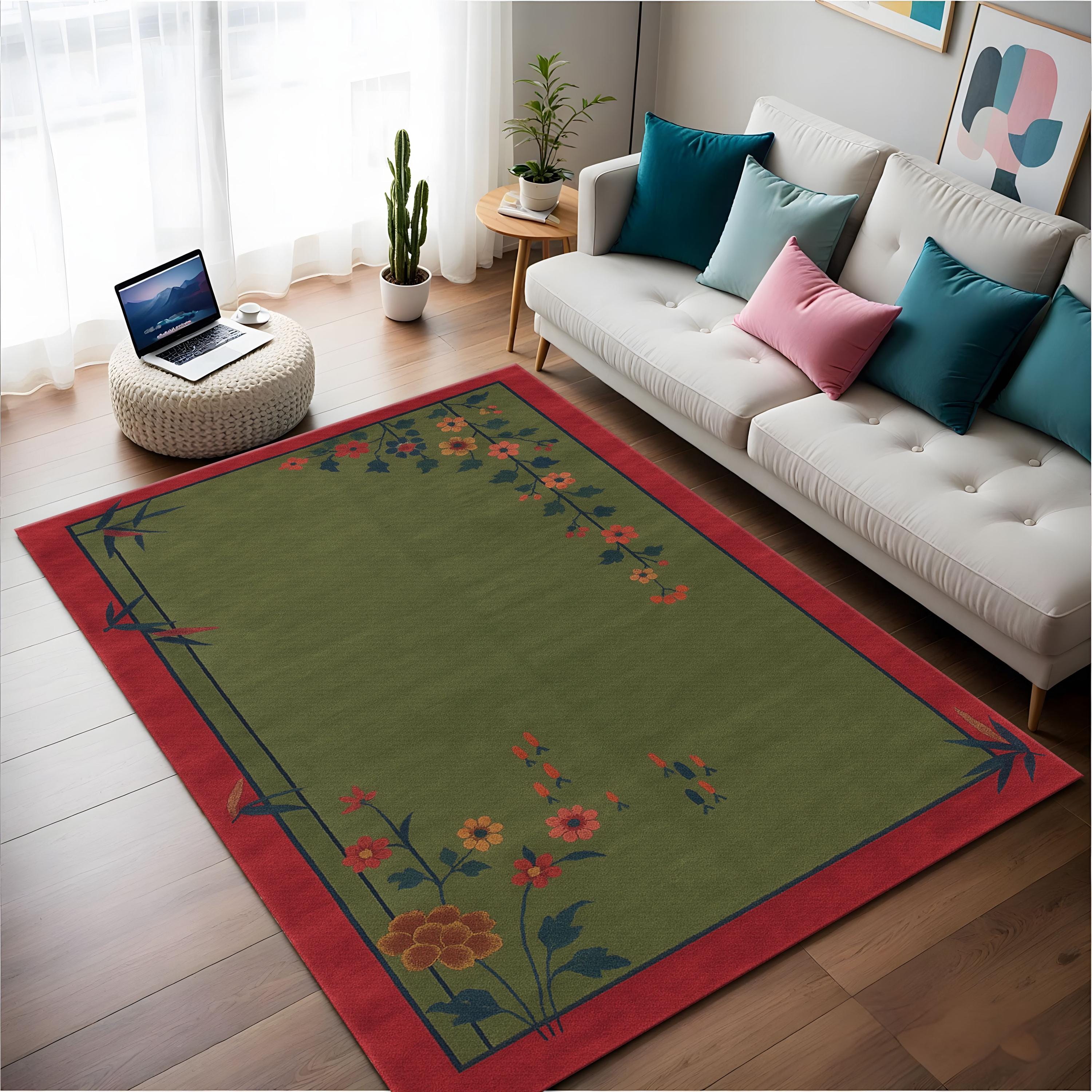 Olive Green Floral Rug, Japanese Style Botanical Rug- Custom Printed Area Rug for Living Room - Minimalist Nature Decor, Antique Looking Rug