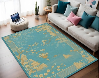 Blue Cherry Blossom Rug: Japanese Zen Decor, Soft Area Rug