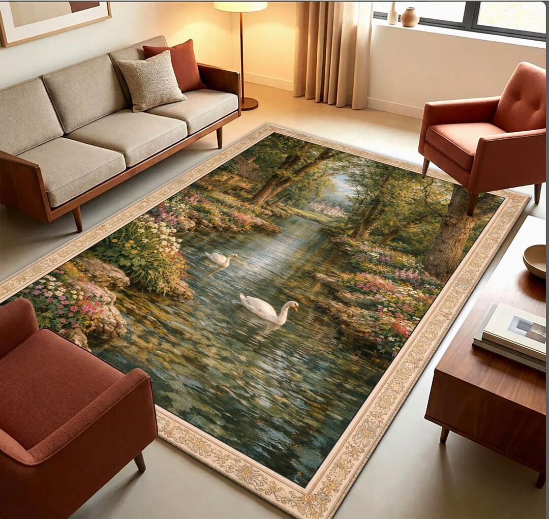 River Rug Custom Romantic Swan River Landscape Rug, Vintage Garden Scene Carpet ...