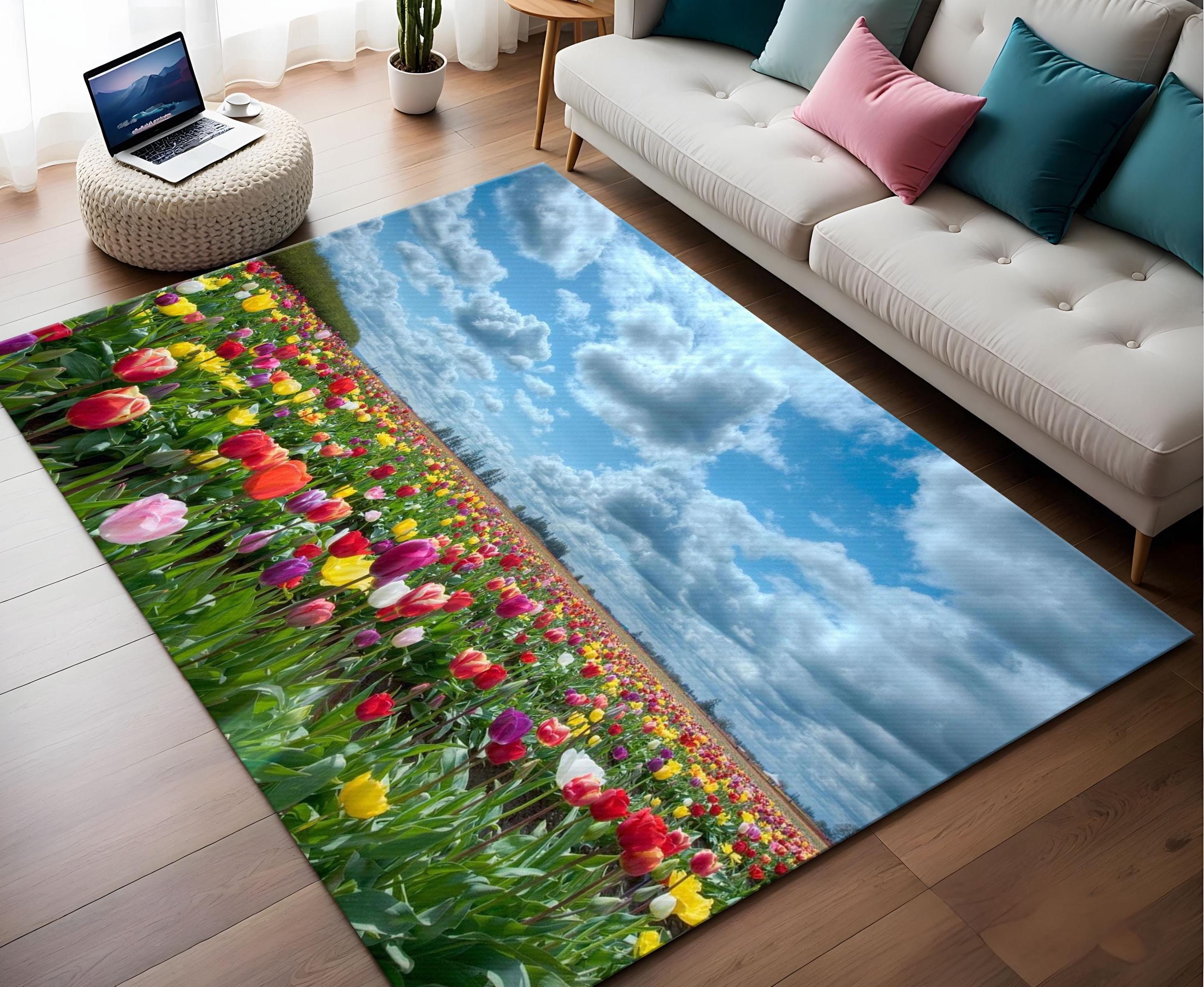 Tulip Field Area Rug: Botanic Floral Carpet, Nonslip Flower Mat - Etsy