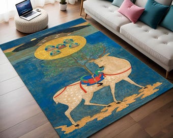 May include: A blue and gold rug with a white deer and a yellow circle with figures in the center. The rug has a traditional Asian design.
