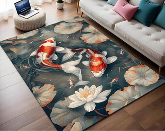 May include: A dark blue rug with a white and red koi fish design. The rug features white lotus flowers and green leaves.