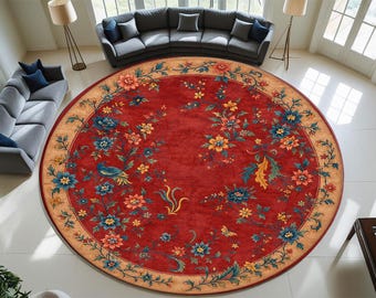 Round Chinese Floral Rug, Oriental Cottagecore Carpet, Red Boho Area Rug Home Decor,Vintage Inspired Digital Print Area Carpet,Bamboo Rug