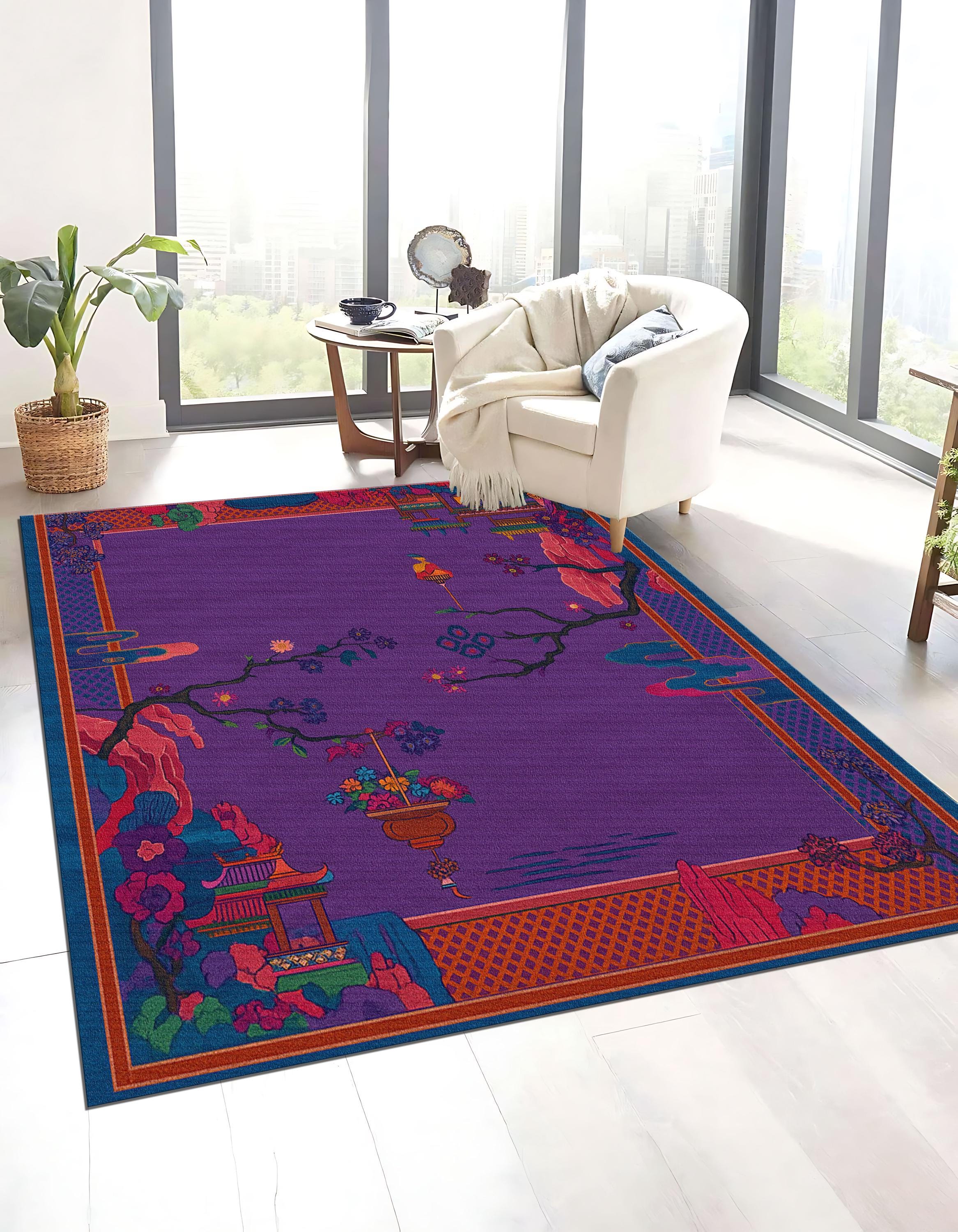 Purple Chinoiserie Rug: Oriental Asian Style Floor Art - Etsy
