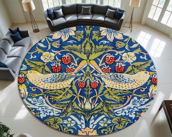 William Morris Strawberry Thief Rug: Art Nouveau Botanical Round Rug