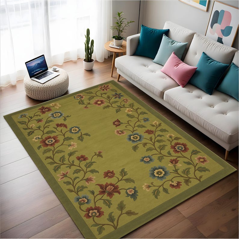 Olive Green Rugs Pattern Olive Green Botanical Rug: Vintage Style Cottagecore Floor Mat - Etsy