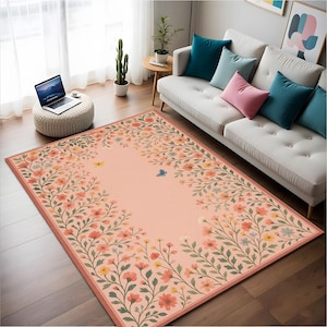 Vintage Look Blumenteppich, Boho Chic Wohnzimmer Teppich, Dekorativer Teppich in Rosa Farbe, Handgefertigter Teppich, Waschbar, Rutschfester Teppich