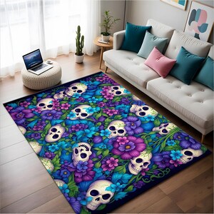 Flower Garden and Skulls,Skull Rug,Occult Design,Area Rug,Gothic Rug,Flower Rug,Modern Rug,Popular Rug,Living Room Rug,Home Decor Gift