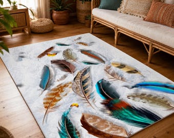 Colorful Feather Rug, Abstract Area Rug, Feather Art Rug, Modern Living Room Carpet, Boho Decor, Nature Inspired Printed Rug
