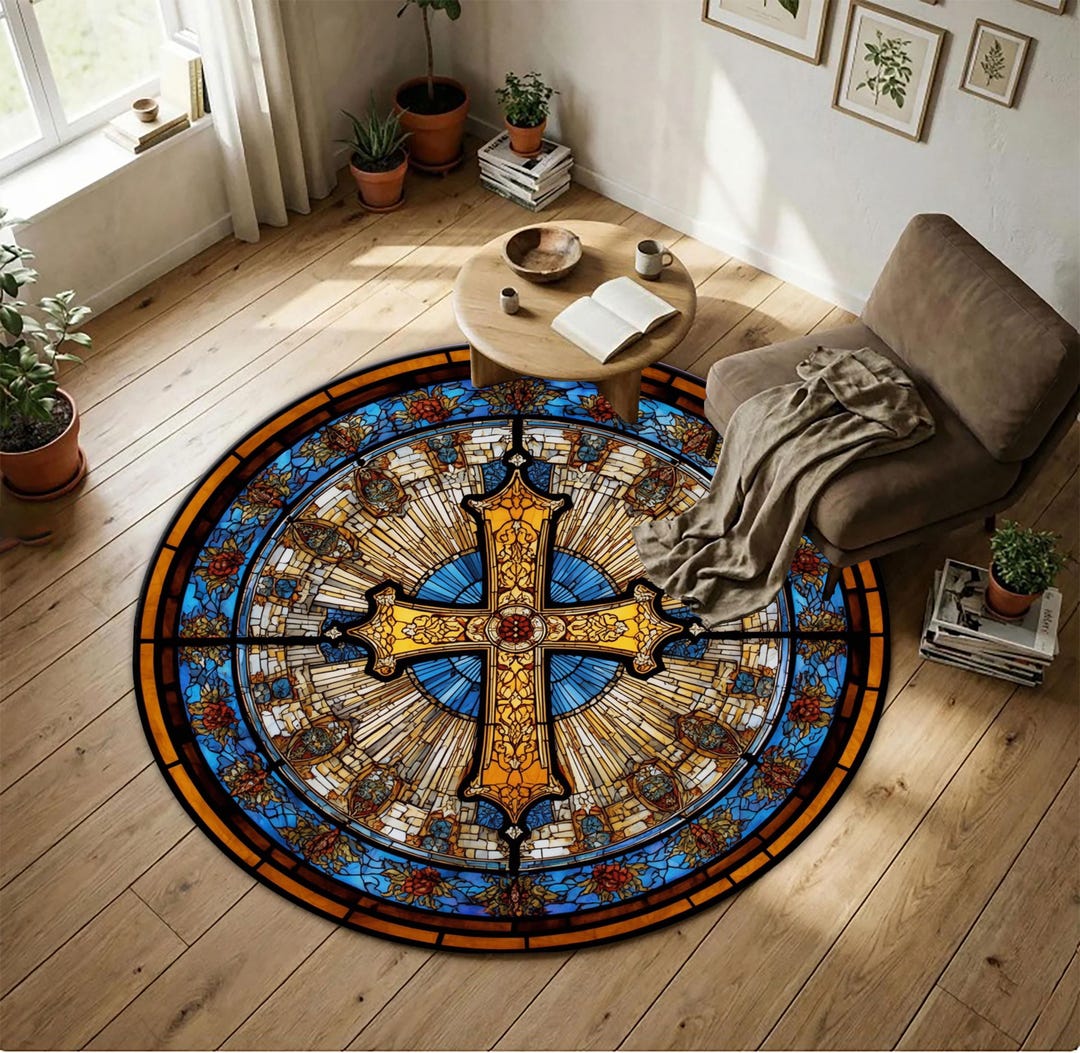 Cathedral Rug Stained Glass Cross Round Rug, Gothic Cathedral Window Carpet ...