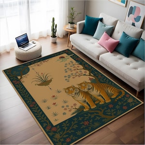 Vintage Look Tiger Rug Print – Botanical Jungle Style Floor Decor – Exotic Animal Motif for Boho or Safari Inspired Living Spaces, Area Rug