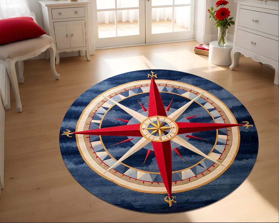Nautical Compass Round Rug: Navy Blue Coastal Decor - Etsy