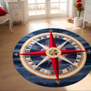 Nautical Compass Round Rug, Coastal Area Rug, Maritime Floor Mat, Beach House Decor, Navy Blue Nautical Rug,Ocean Theme Circle Rug,Round Rug