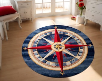 Nautical Compass Round Rug: Navy Blue Coastal Bamboo Carpet