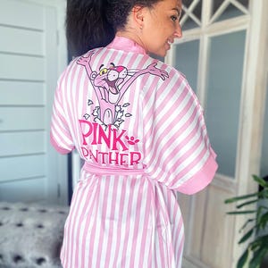 Women&#39;s Silk Set with Pink Panter print T-shirt+Shorts, Top+Pants, Robe