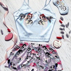 Women's silk pajamas shorts and tank top with PowerPuff Girls print, blue
