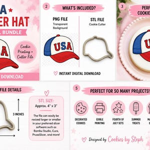 Op de afbeelding: Digitale USA trucker hat design bundel, inclusief PNG- en STL-bestanden. Het STL-bestand is ongeveer 10 cm bij 7,6 cm. Het ontwerp is perfect voor het printen van koekjes en andere projecten. Het ontwerp bevat de tekst "USA" op een rood, wit en blauw.