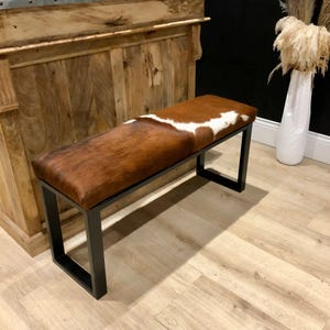 Handmade Cowhide Bench Ottoman: Rustic Steel Frame Accent Furniture