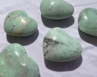 Chrysoprase Heart Carvings: Natural Crystal from Indonesia, Palm and Pocket Stones (2")
