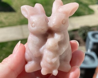 Natural Stone Rabbit Family Carving: Pink Opal, Rose Quartz Bunny Figurine (2.4")