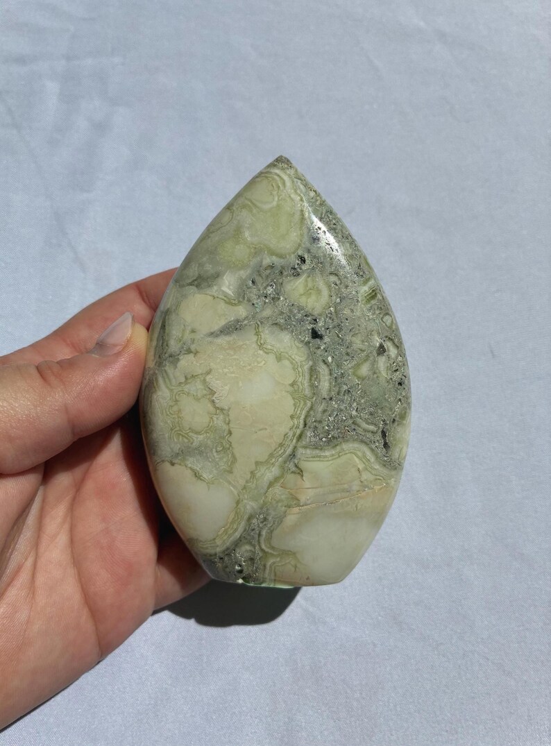 Puede incluir: Una piedra pulida en forma de l&aacute;grima. Presenta una mezcla de colores verde p&aacute;lido, crema y gris con intrincados patrones de vetas. La piedra est&aacute; sostenida en una mano.