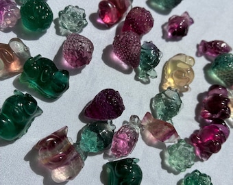 Mini Fluorite Crystal Carvings: Fish, Strawberries, Dinos, Natural Stone Figurines