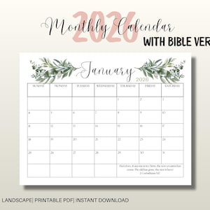 Puede incluir: Un calendario mensual blanco de 2026 con versículos bíblicos. Se muestra la página de enero, con un diseño floral y los días de la semana. El calendario mide 21,59 x 27,94 cm.