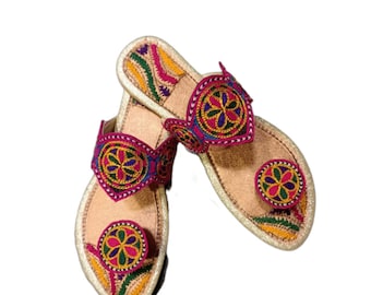 Handmade Embroidered Sandals | Boho Ethnic Flats | Kolhapuri Chappals for Women | Traditional Leather Sole Shoes | Festive & Casual Footwear