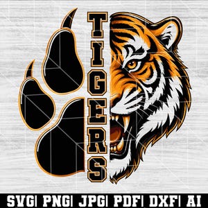 May include: A graphic design featuring a split composition with a black tiger paw print on the left and the right half of a snarling tiger face on the right. The word TIGERS is written vertically in black and orange block letters in the center.