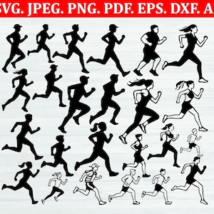 May include: Black and white vector graphic with multiple running figures. The figures are in various poses, some wearing hats or athletic gear. Text at the top reads "SVG. JPEG. PNG. PDF. EPS. DXF. AI."