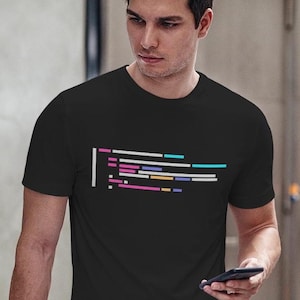 May include: Black t-shirt with a colourful code-like design across the chest. The design features horizontal lines in white, pink, yellow, blue, and purple. The shirt is short-sleeved and appears to be made of cotton.