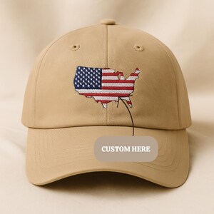 Custom Embroidered Map Hat with American Flag, Personalized Patriotic Baseball or Wash Dad Cap, Gift for Veterans and Proud Americans
