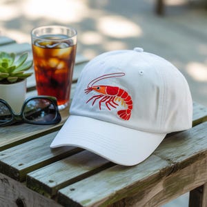Shrimp Embroidered Hat – Seafood Wash Hat or Baseball Cap with Red Prawn Design, Cute Gift for Fisherman, Chef, Foodie or Ocean Lover