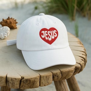 Jesus Embroidered Hat – White Baseball Cap or Wash Hat with Red Heart Christian Design, Faith Hat, Religious Adjustable Gift for Believers