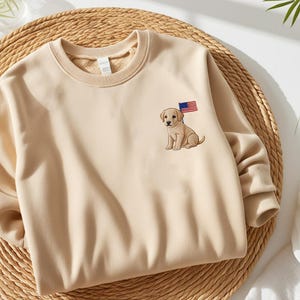 Cute Dog and American Flag Embroidered Sweatshirt Hoodie or T-Shirt – Patriotic Pet Lover Gift for 4th of July, Dog Mom, Dog Dad Apparel