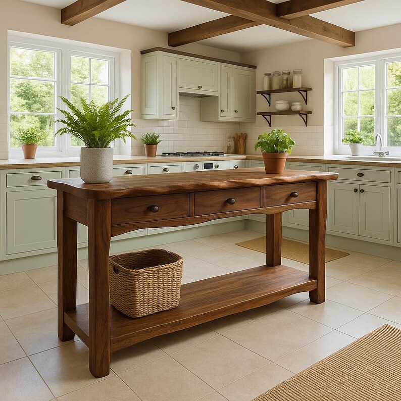 Solid Wood Kitchen Island Table With 3 Drawers and Bottom Shelf, Rustic ...