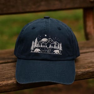 Mountain Bear Embroidered Wash Hat or Baseball Cap – Wilderness Nature Scene Hat for Outdoor Lovers, Hiking, Camping or National Parks