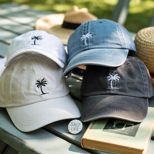 Custom Palm Tree Embroidered Hat & Coordinates Cap, Beach Vacation Gift, Summer Wash Hat or Baseball Cap, Personalized Coastal Style