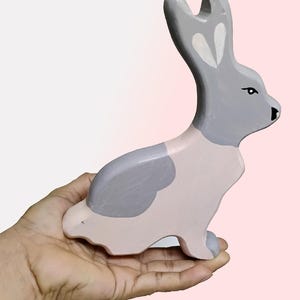 Acrylic Painted Rabbit Animal for Home, Office & Shop Decor ; 8&quot; x 6&quot; Natural Solid Mahogany Wood, Handmade Wooden Craft
